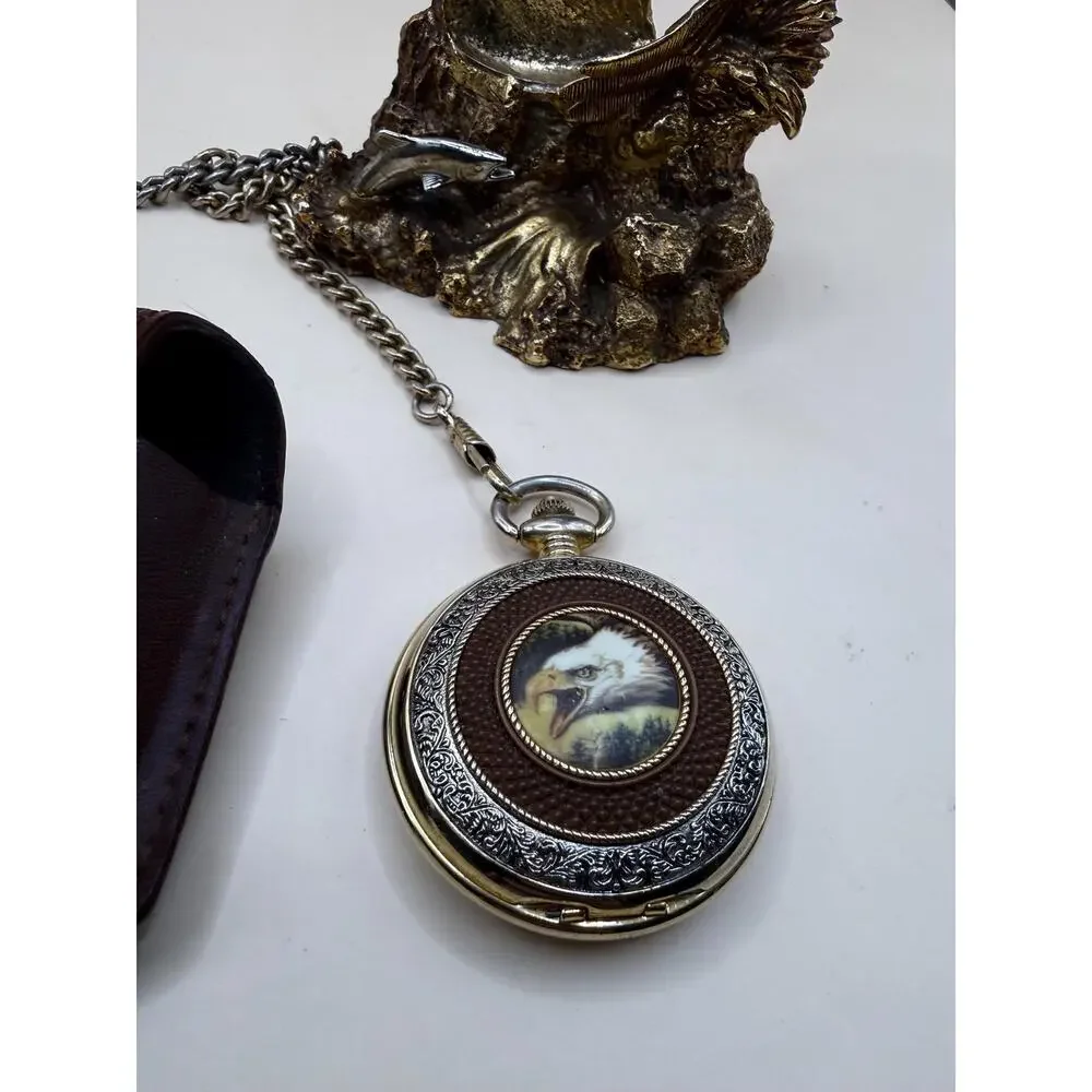 VTG Franklin Mint Bald Eagle Pocket Watch by Ted Blaylock Stand, Chain & Pouch